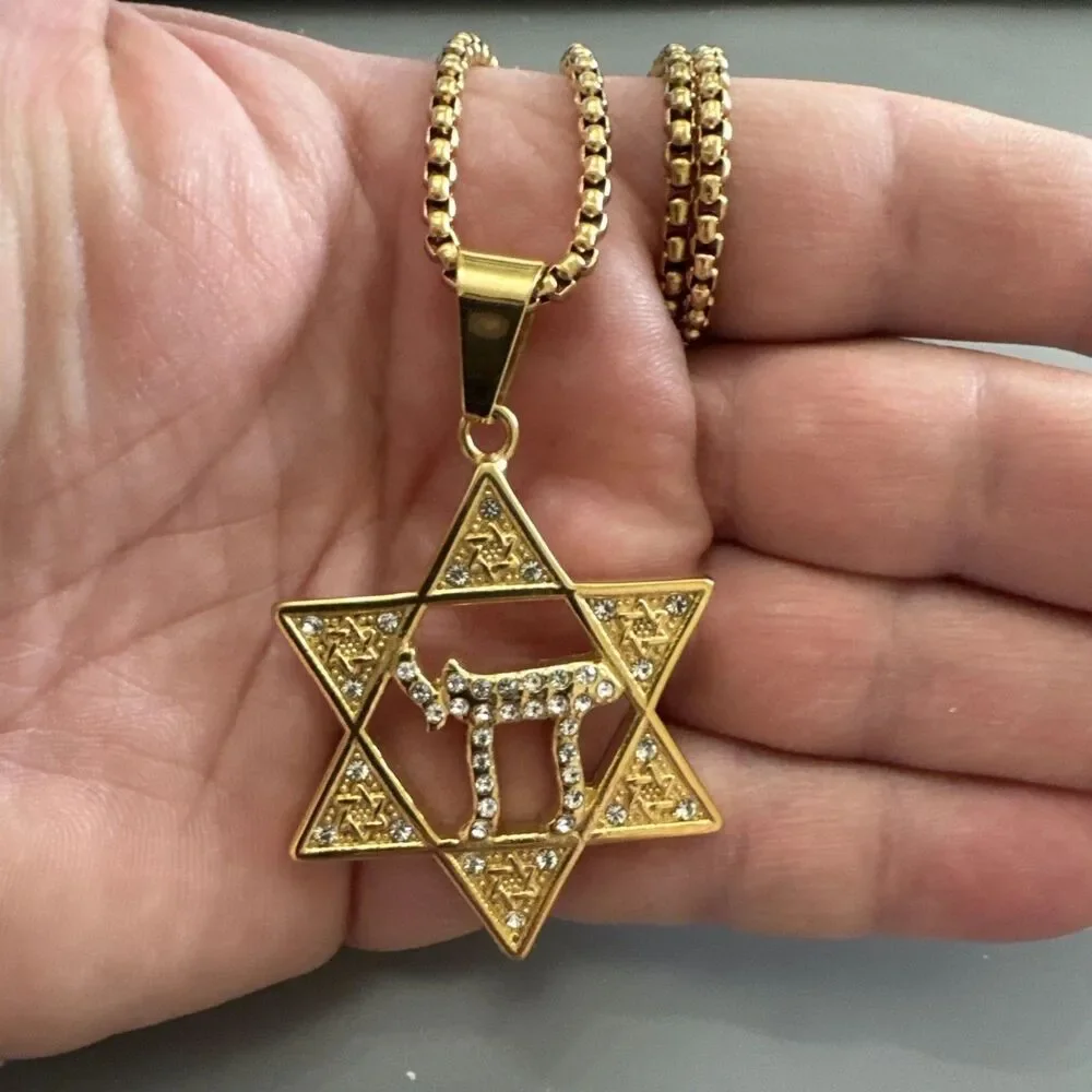 Stainless Steel Hebrew Jewish Israel Star of David Necklace Bar Mitzvah Gold